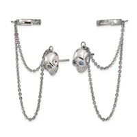 Stainless Steel Polished Earrings with Hoop Chain Dangle & Blue CZ Post view 3