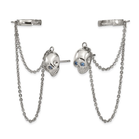 Stainless Steel Polished Earrings w/Hoop Chain Dangle & Blue CZ Post