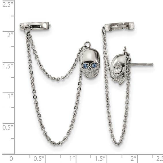 Stainless Steel Polished Earrings w/Hoop Chain Dangle & Blue CZ Post