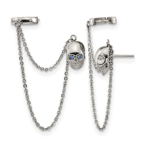 Stainless Steel Polished Earrings with Hoop Chain Dangle & Blue CZ Post