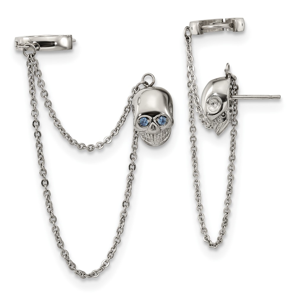 Stainless Steel Polished Earrings w/Hoop Chain Dangle & Blue CZ Post