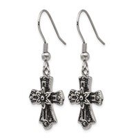 Stainless Steel Antiqued and Polished Black Crystal Cross Dangle Earrings view 3