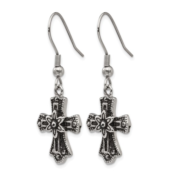 Stainless Steel Antiqued and Polished Black Crystal Cross Dangle Earrings