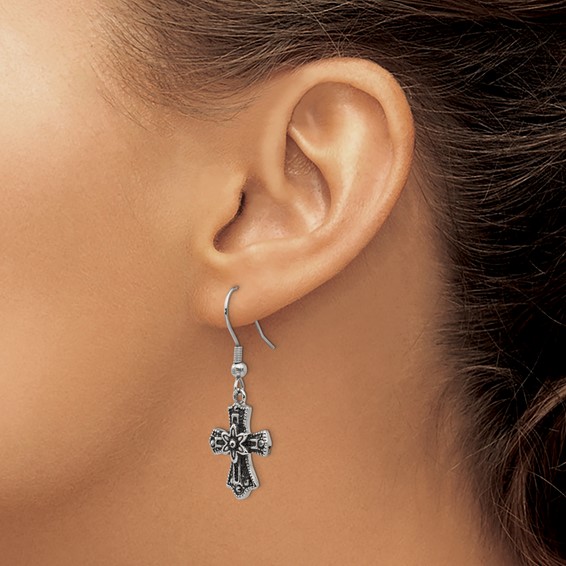 Stainless Steel Antiqued and Polished Black Crystal Cross Dangle Earrings