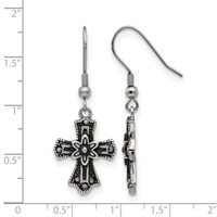 Stainless Steel Antiqued and Polished Black Crystal Cross Dangle Earrings view 5