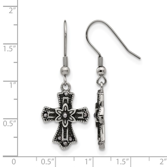 Stainless Steel Antiqued and Polished Black Crystal Cross Dangle Earrings