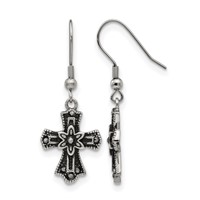 Stainless Steel Antiqued and Polished Black Crystal Cross Dangle Earrings view 1