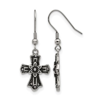 Stainless Steel Antiqued and Polished Black Crystal Cross Dangle Earrings