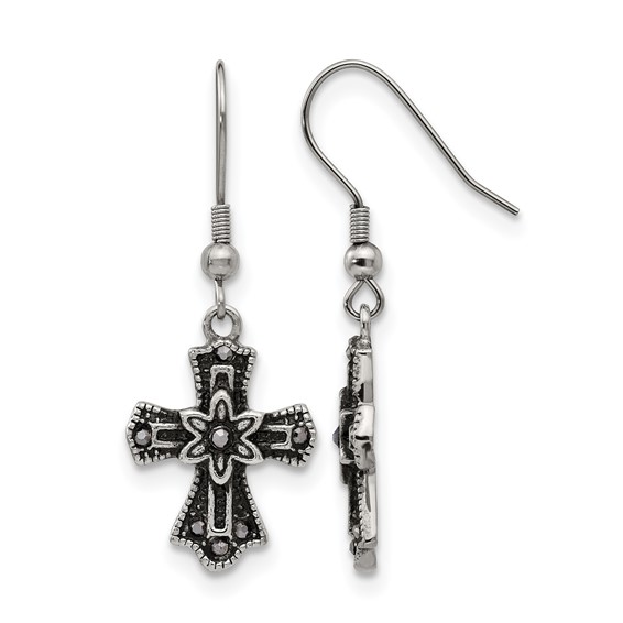 Stainless Steel Antiqued and Polished Black Crystal Cross Dangle Earrings