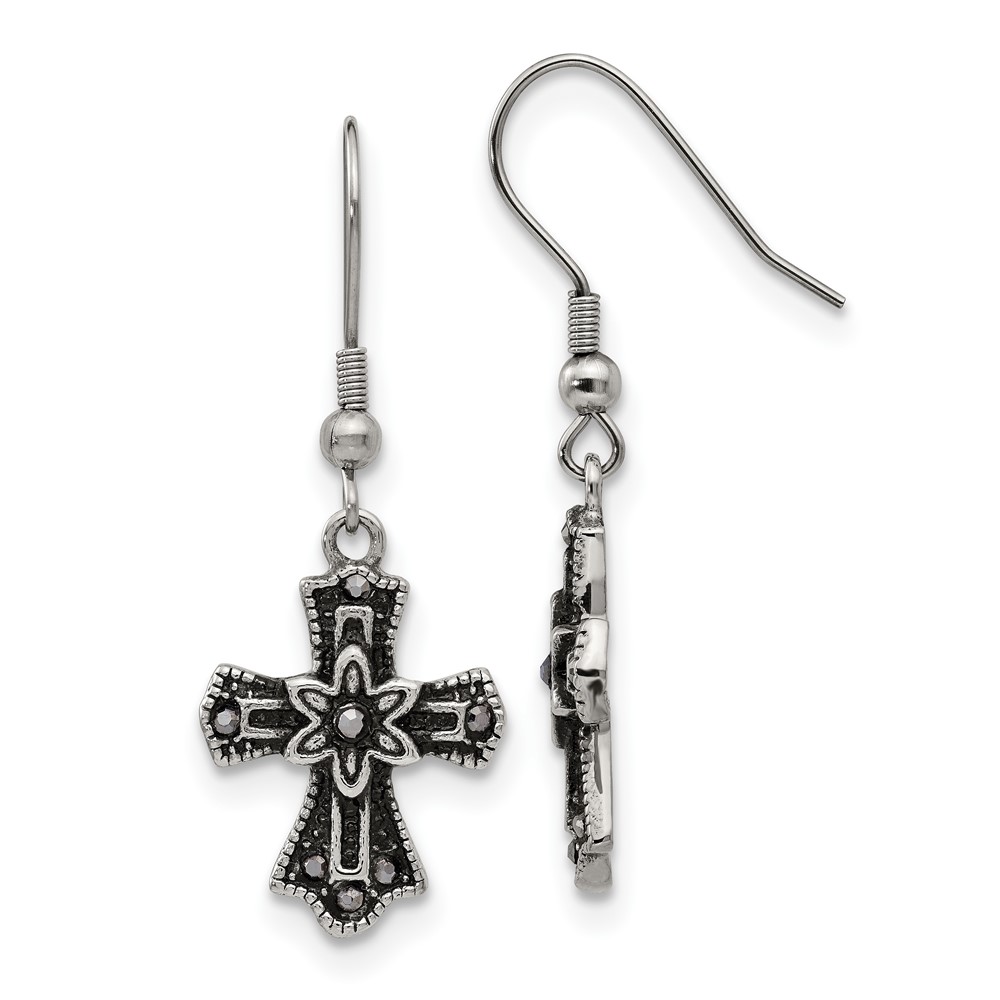 Stainless Steel Antiqued and Polished Black Crystal Cross Dangle Earrings