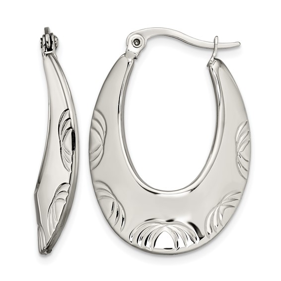 Chisel Stainless Steel Polished and Textured Half Circle Design Hoop Earrings