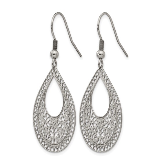 Chisel Stainless Steel Polished Textured Cut-out Design Dangle Shepherd Hook Earrings
