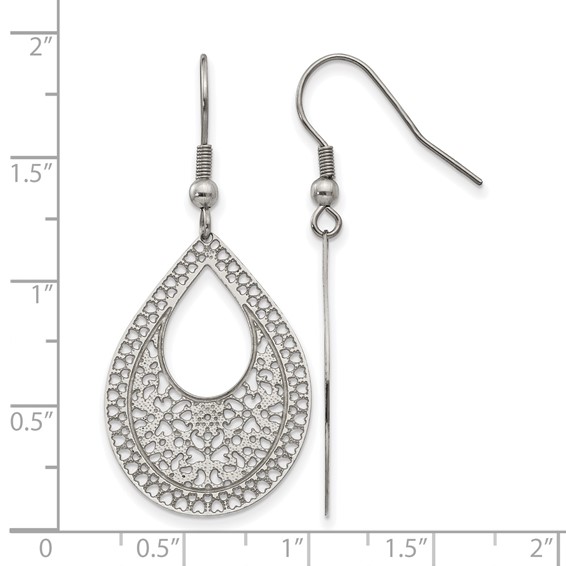 Chisel Stainless Steel Polished Textured Cut-out Design Dangle Shepherd Hook Earrings