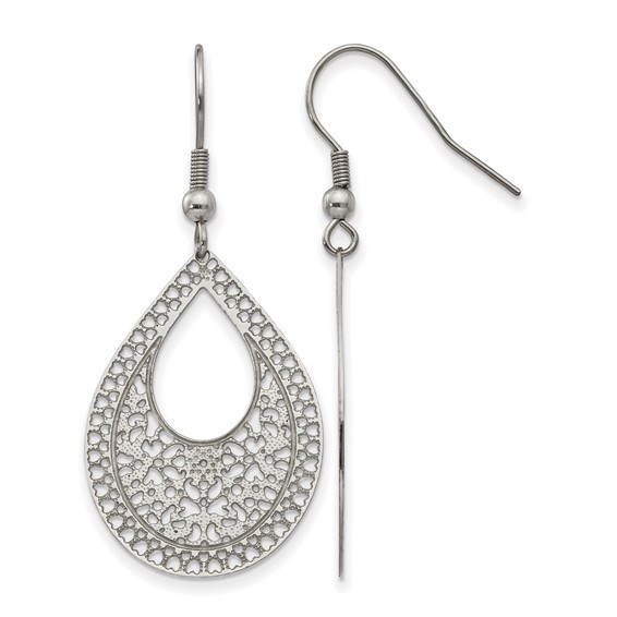 Chisel Stainless Steel Polished Textured Cut-out Design Dangle Shepherd Hook Earrings