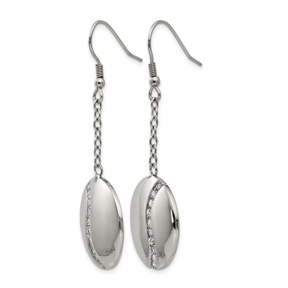 Stainless Steel Polished w/ CZ Dangle Shepherd Hook Earrings