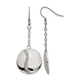 Stainless Steel Polished w/ CZ Dangle Shepherd Hook Earrings