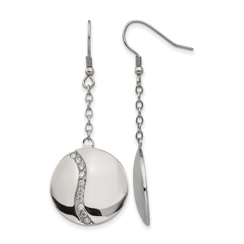 Stainless Steel Polished w/ CZ Dangle Shepherd Hook Earrings