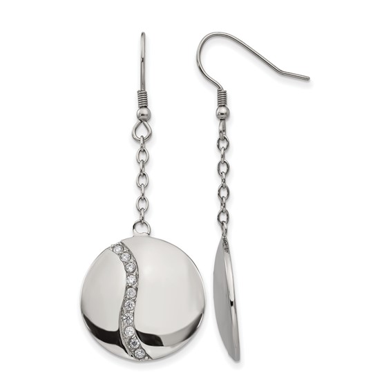 Stainless Steel Polished w/ CZ Dangle Shepherd Hook Earrings