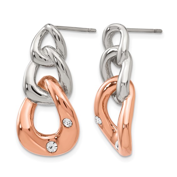 Chisel Stainless Steel Polished Rose IP-plated Loop with Crystal Post Dangle Earrings