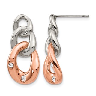 Chisel Stainless Steel Polished Rose IP-plated Loop with Crystal Post Dangle Earrings