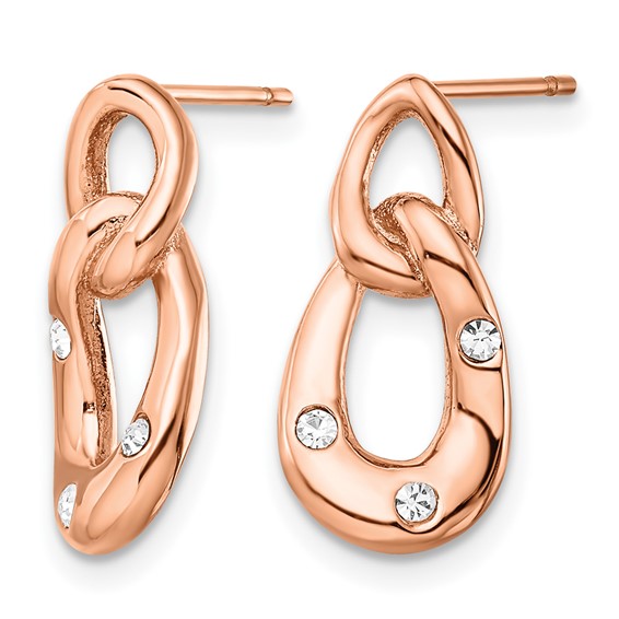 Chisel Stainless Steel Polished Rose IP-plated with Crystal Two Loop Post Earrings