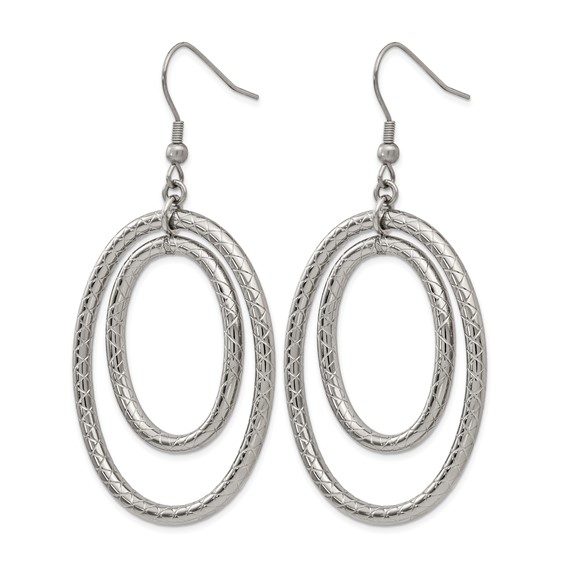 Stainless Steel Polished and Textured Double Oval Dangle Earrings
