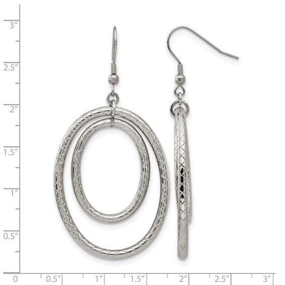 Stainless Steel Polished and Textured Double Oval Dangle Earrings