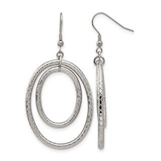 Stainless Steel Polished and Textured Double Oval Dangle Earrings