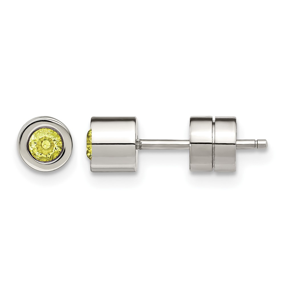 Chisel Stainless Steel Polished Green CZ August Birthstone Post Earrings
