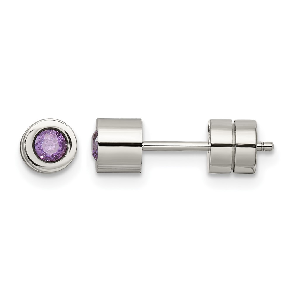 Chisel Stainless Steel Polished Purple CZ February Birthstone Post Earrings