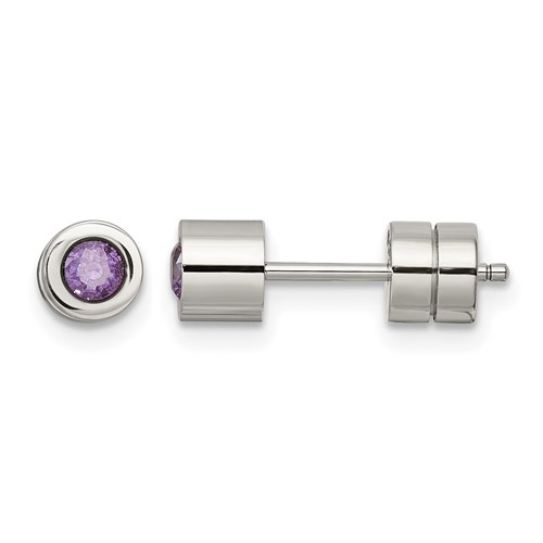 Chisel Stainless Steel Polished Purple CZ February Birthstone Post Earrings