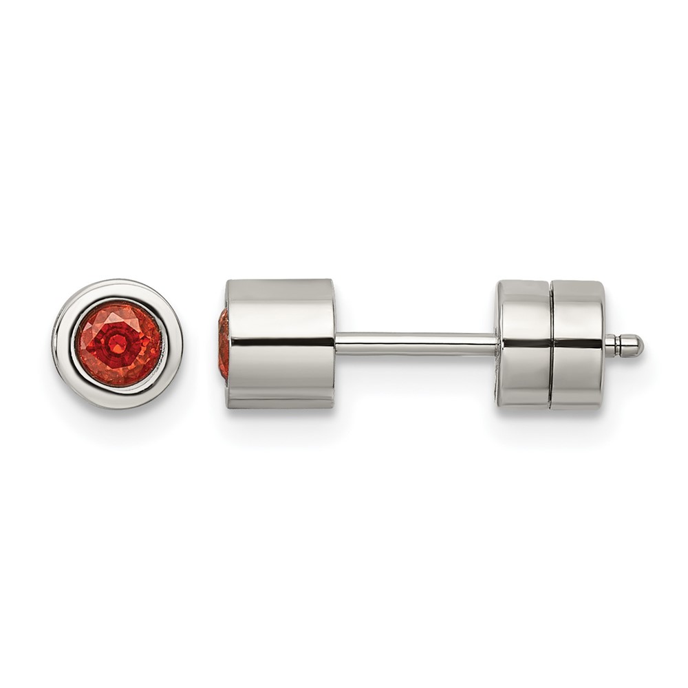 Chisel Stainless Steel Polished Red CZ July Birthstone Post Earrings