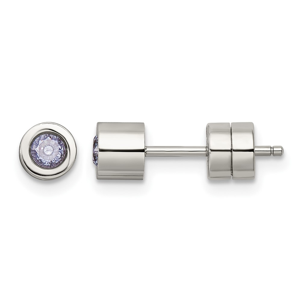 Chisel Stainless Steel Polished Pink CZ June Birthstone Post Earrings