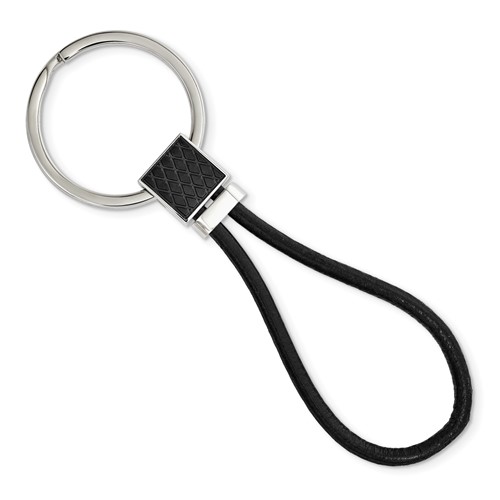 Chisel Stainless Steel Polished Black IP-plated and Black Leather Key Ring