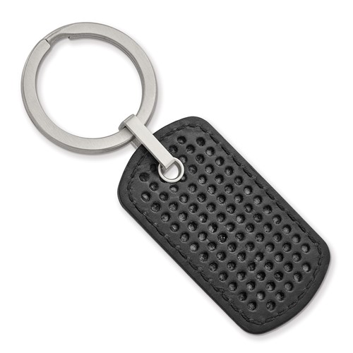 Stainless Steel Brushed Textured Black Leather Stitched Key Ring