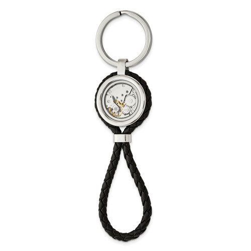 Chisel Stainless Steel Brushed and Polished Yellow IP-plated Ring with CZ and Leather Key