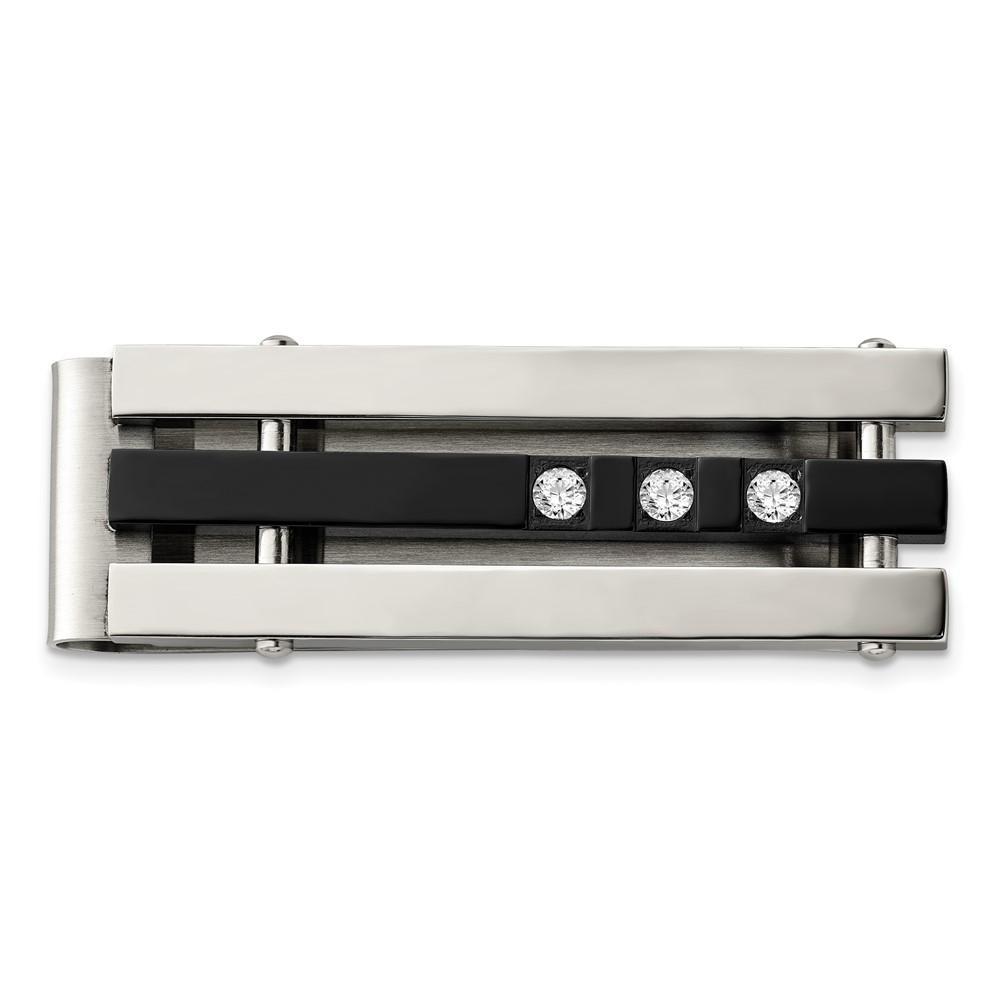 Chisel Stainless Steel Polished Black IP-plated with CZ Money Clip