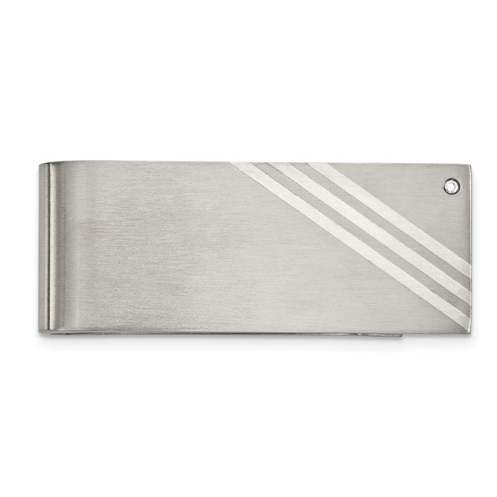Chisel Stainless Steel Sterling Brushed with Silver Inlay CZ Money Clip