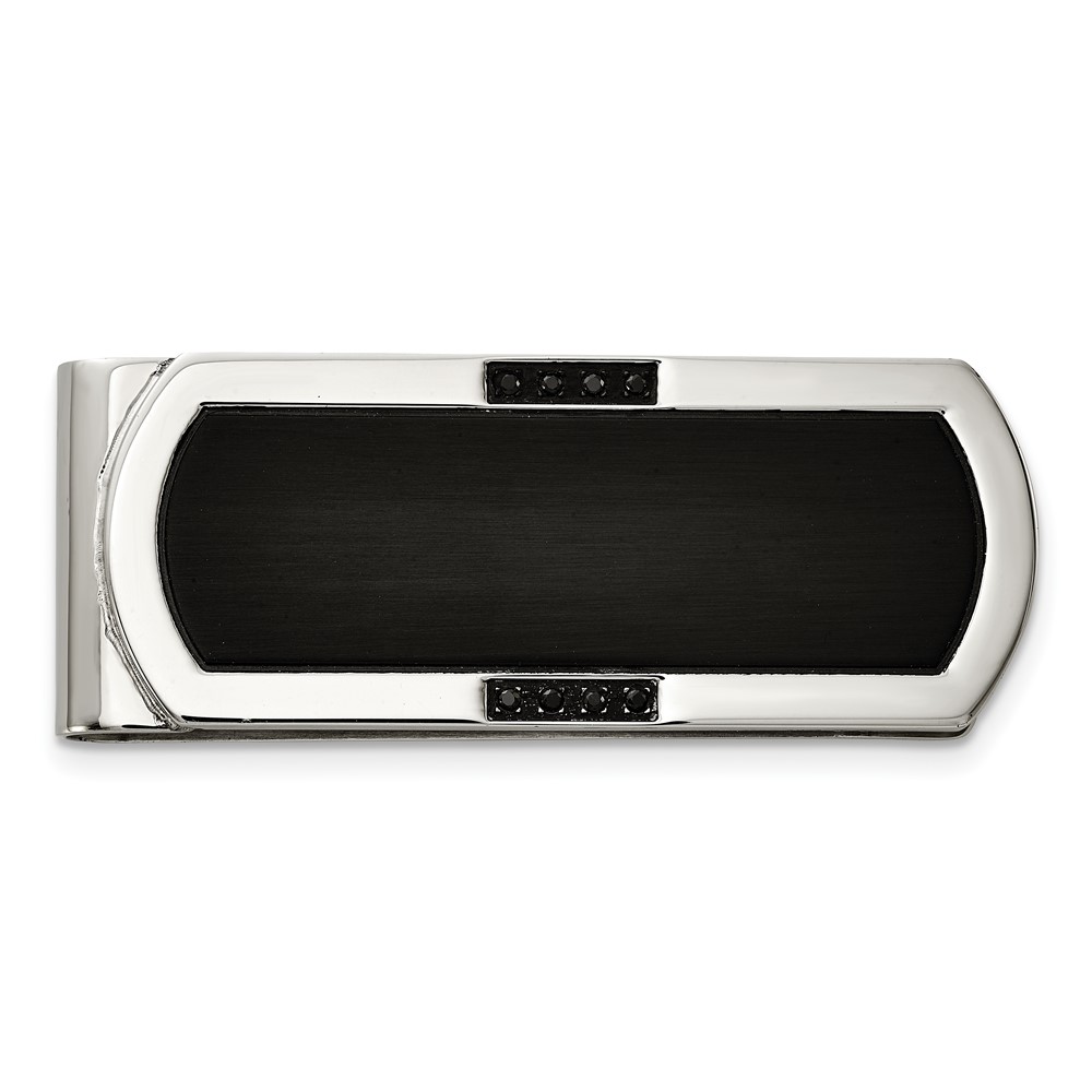 Chisel Stainless Steel Brushed and Polished Black IP-plated with Black CZ Money Clip