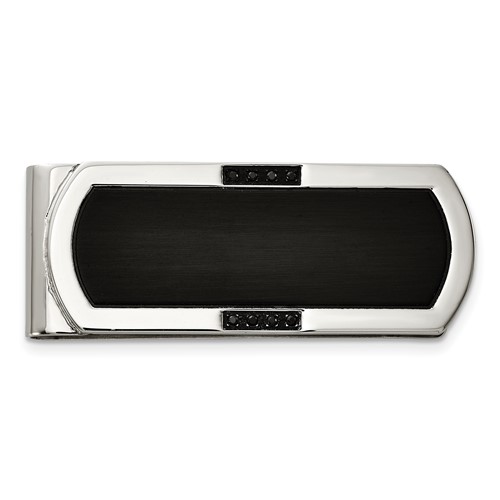 Chisel Stainless Steel Brushed and Polished Black IP-plated with Black CZ Money Clip