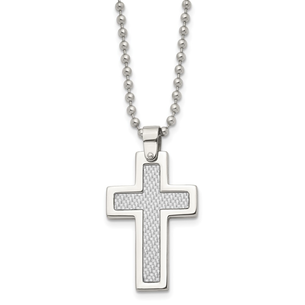 Stainless Steel Polished w/Grey Carbon Fiber Inlay Cross 22in Necklace