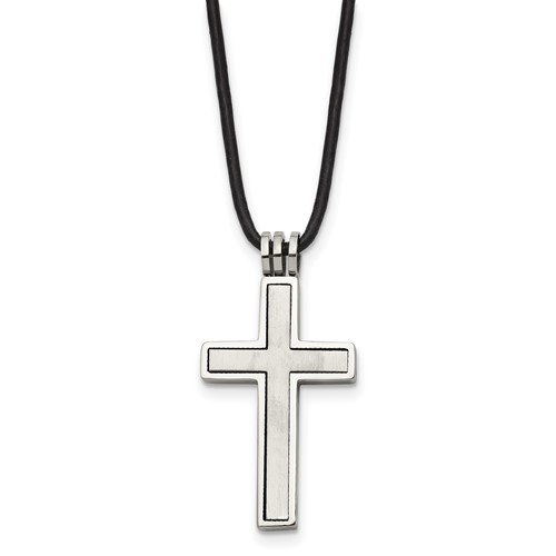 Chisel Stainless Steel Brushed and Polished 2 Piece Movable Cross Pendant on an Leather Cord Necklace, 18"