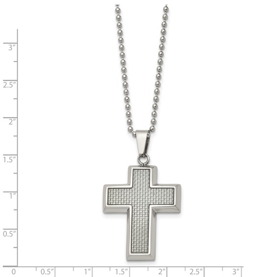 Chisel Stainless Steel Polished with Grey Carbon Fiber Inlay Cross Pendant on a 22 inch Ball Chain Necklace