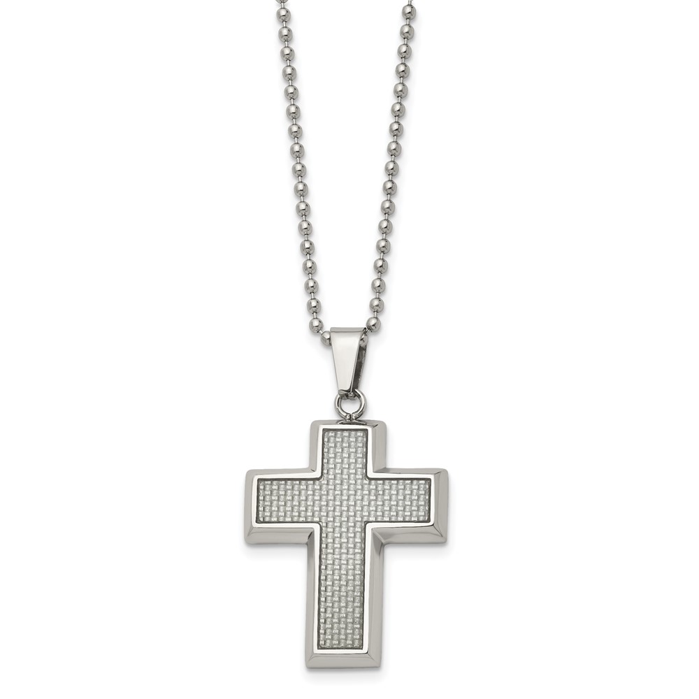 Stainless Steel Polished w/Grey Carbon Fiber Inlay Cross 22in Necklace