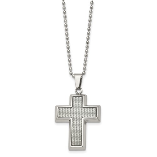 Chisel Stainless Steel Polished Necklace with Grey Carbon Fiber Inlay Cross Pendant on a Ball Chain, 22"