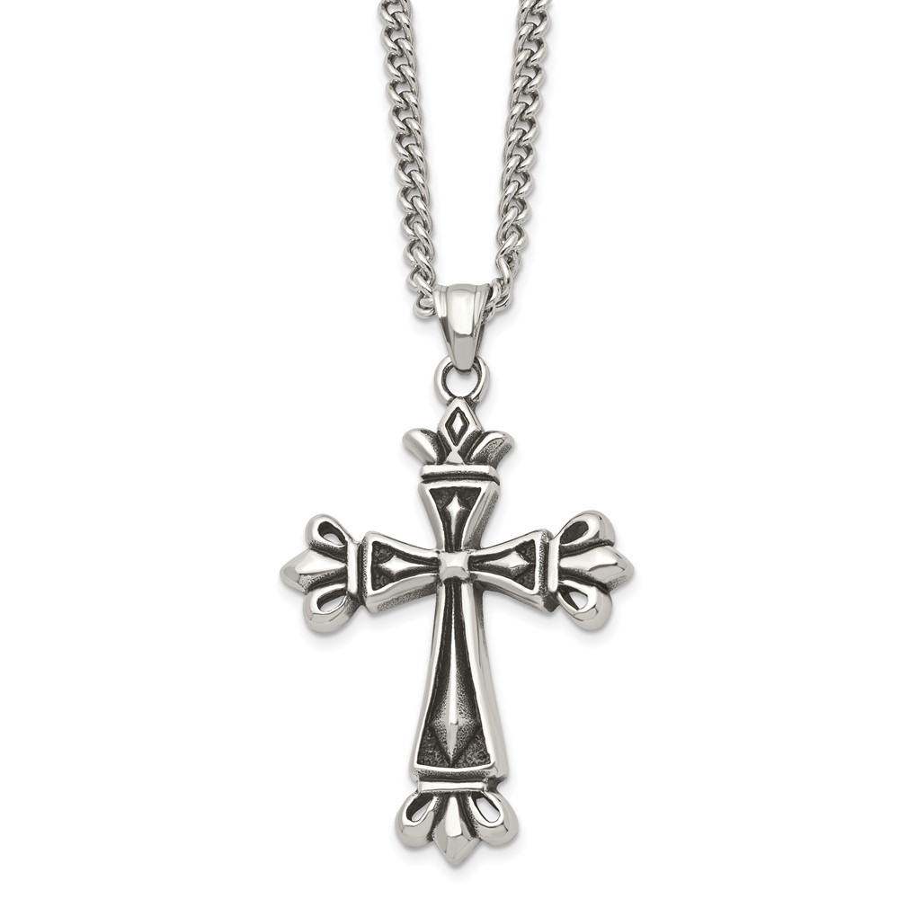 Stainless Steel Antiqued and Polished Cross 24in Necklace