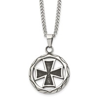 Chisel Stainless Steel Antiqued and Polished Cross in Circle Pendant on a Curb Chain Necklace, 22" view 1