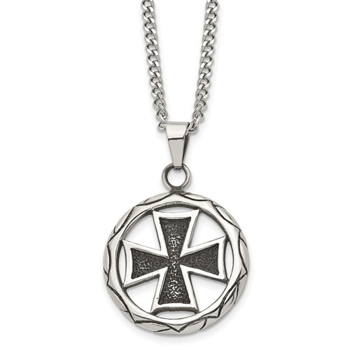 Chisel Stainless Steel Antiqued and Polished Cross in Circle Pendant on a Curb Chain Necklace, 22"