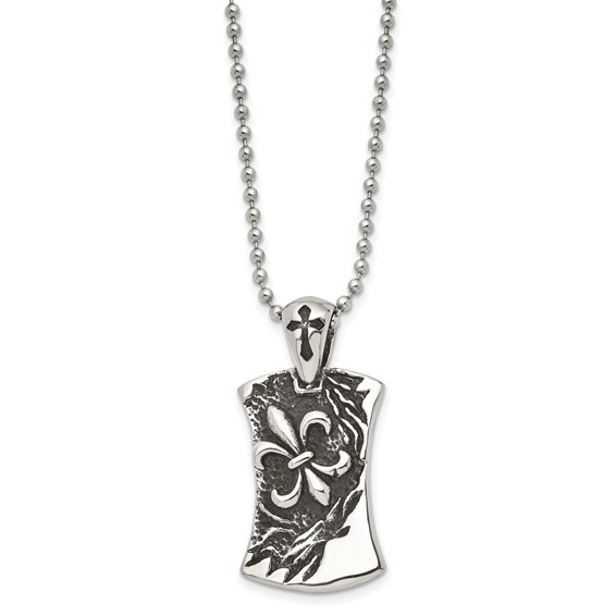 Chisel Stainless Steel Antiqued and Polished Fleur de lis Dog Tag on a 22 inch Ball Chain Necklace