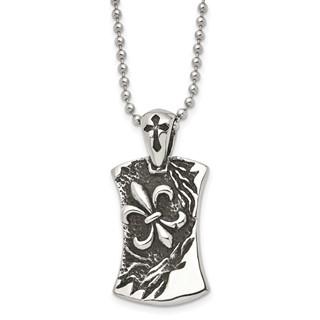 Chisel Stainless Steel Antiqued and Polished Fleur de lis Dog Tag on a 22 inch Ball Chain Necklace